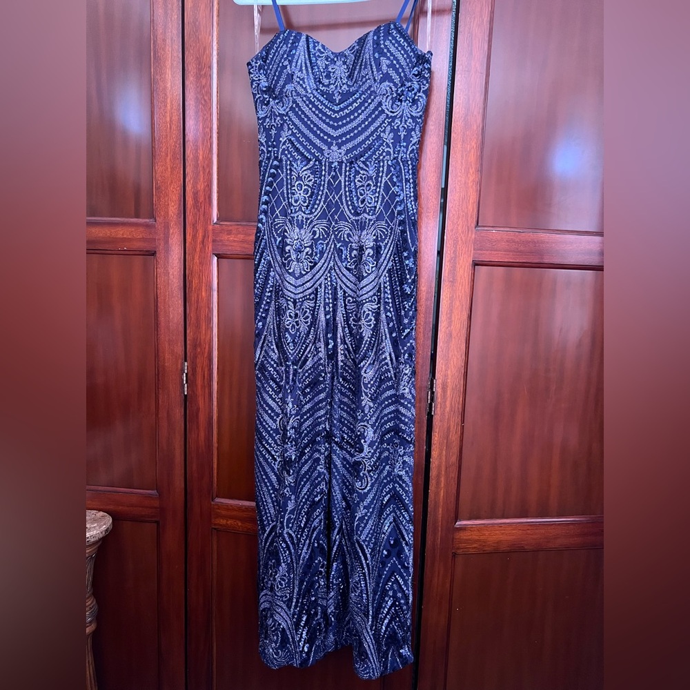 Navy Sequin Strapless Jumpsuit